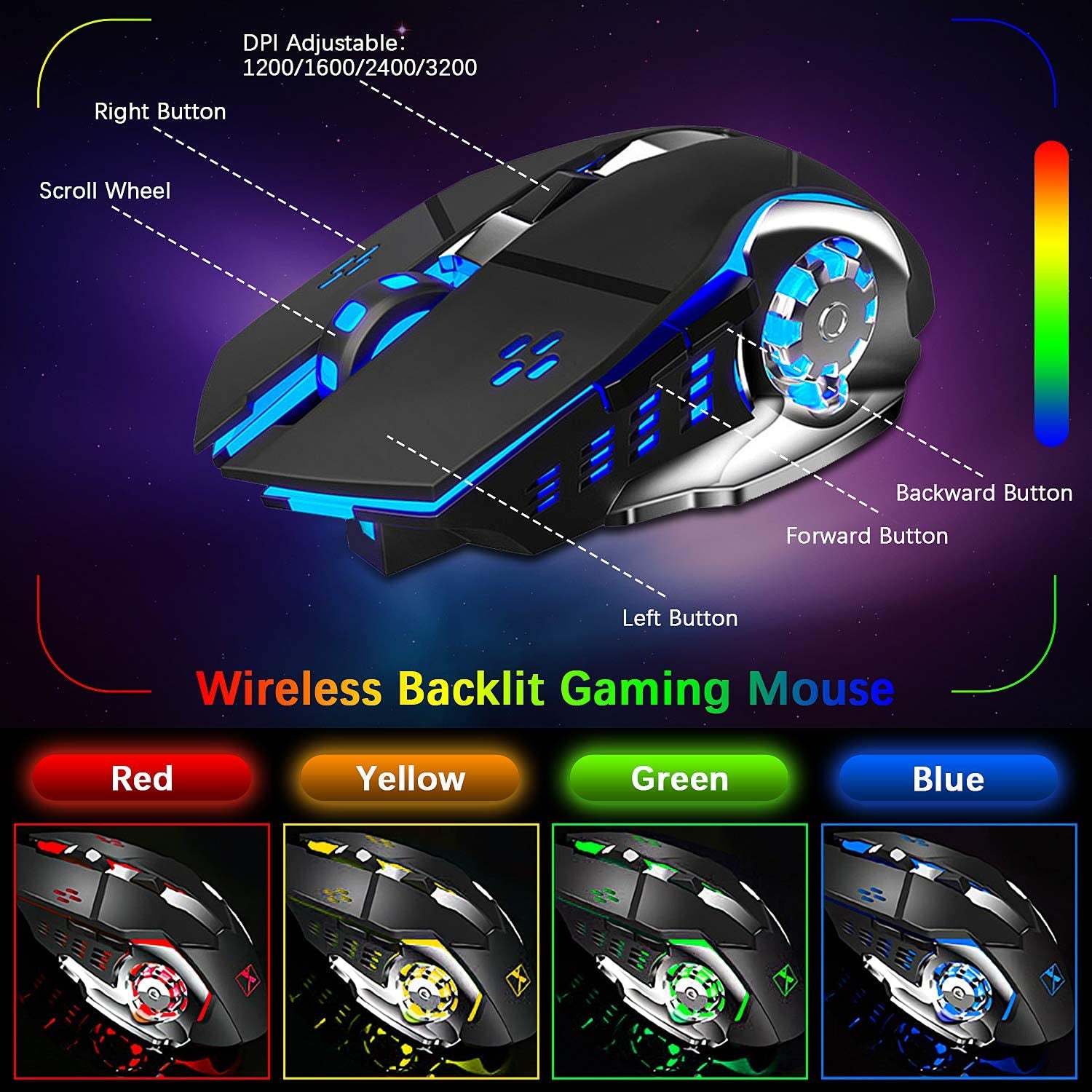 Wireless Gaming Keyboard and Mouse,Rainbow Backlit Rechargeable Keyboard Mouse with 3800Mah Battery Metal Panel,Removable Hand Rest Mechanical Feel Keyboard and 7 Color Gaming Mute Mouse for PC Gamers