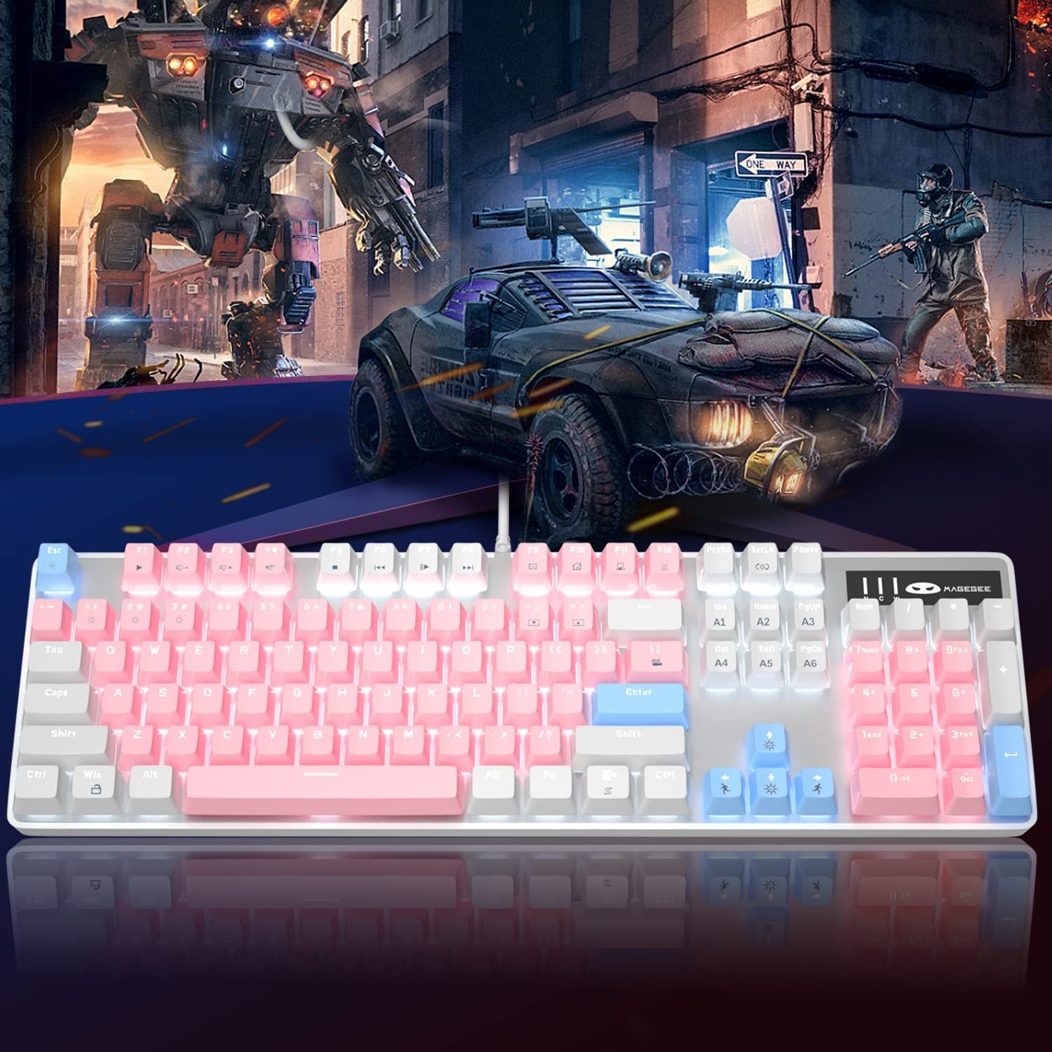Mechanical Gaming Keyboard,  New Upgraded Blue Switch 104 Keys White Backlit Keyboards, USB Wired Mechanical Computer Keyboard for Laptop, Desktop, PC Gamers(White & Pink)